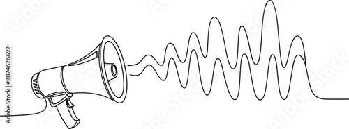 Tableau sur toile Megaphone line drawing with sound waves, vector illustration symbolizing communi