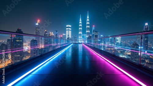 Neon‑lined futuristic walkway with blue‑pink glowing railings leading toward a vibrant nighttime city skyline featuring twin skyscrapers.