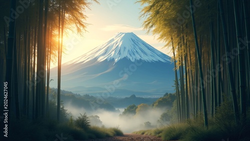 Tall bamboo grove frames snow‑capped Mount Fuji, lone figure standing on misty forest path under warm golden light.