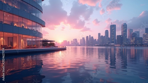 Modern curved glass waterfront building overlooks glowing city skyline, pink‑hued sunset sky reflecting on calm water.