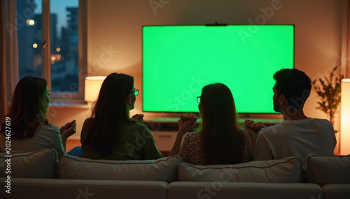 Authentic young adult friends hanging out together in stylish apartment living room, group sitting on couch eating snacks and watching large television with solid green chroma key screen, realistic so