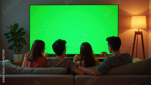 Authentic young adult friends hanging out together in stylish apartment living room, group sitting on couch eating snacks and watching large television with solid green chroma key screen, realistic so