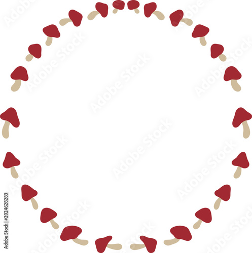 Foto Hand drawn autumn frame made of cute red fly agaric mushrooms arranged in circular composition with large copy space in the center