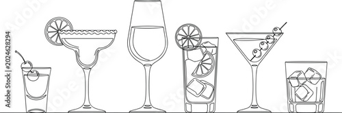 Cuadro en lienzo Minimalist continuous line art cocktail glasses illustration with wine, martini,
