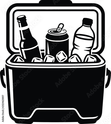 A cooler box filled with vector eps illustrations of drinks and ice cubes on a picnic