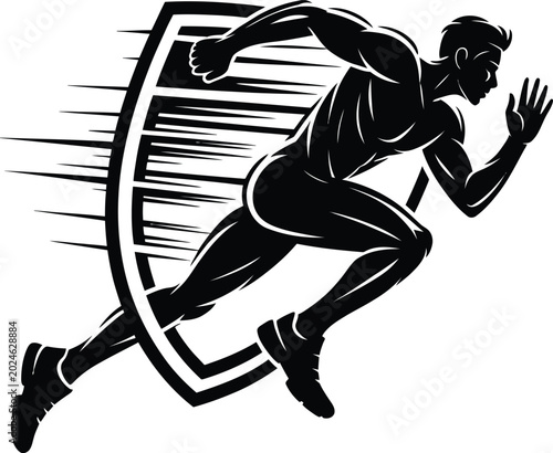 A muscular man runs quickly past a shield with motion lines in a vector eps illustration.