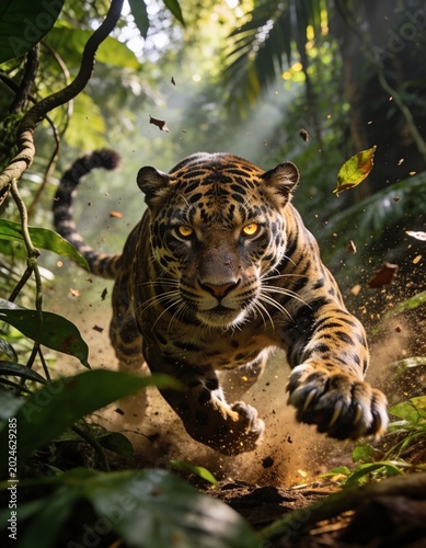 A powerful jaguar with intense eyes sprints through a dense, sun-dappled jungle. Dust and leaves fly as it moves with incredible speed and agility.