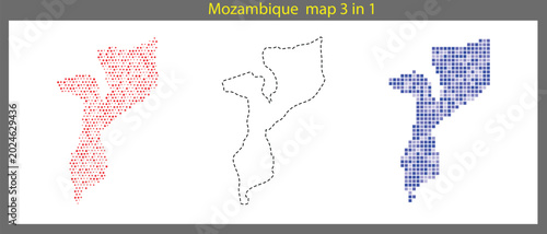 Tableau sur toile Mozambique map in 3 different styles, red, black, and blue pixel art