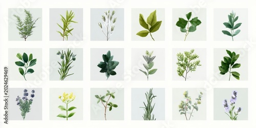 various herbs and plants arranged in squares, with each square containing different types of leaves or flowers. the background is a plain white
