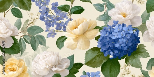 white, blue, and yellow hydrangeas, roses, peonies, and green leaves on a cream colored background