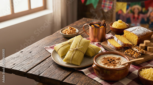 Traditional Brazilian Festa Junina feast with tamales, cornbread, and sweet treats on rustic wooden table near window