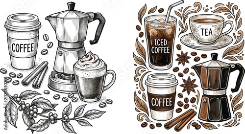 Tablou pe pânză Vintage Hand Drawn Coffee and Tea Vector Illustration Set with Moka Pot Espresso