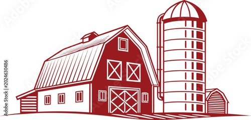 Φωτογραφία Red barn and silo farm building vector illustration