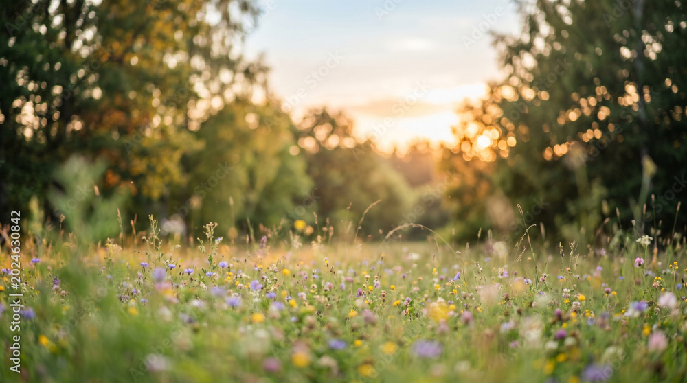 Obraz premium A serene field of colorful wildflowers in bloom during sunset with trees in the background
