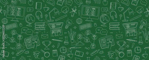 Education E-learning Seamless Doodle horizontal Pattern White on green chalkboard style Vector