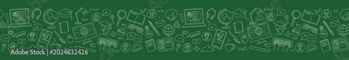 Online Learning Education Seamless Doodle horizontal Pattern white on green chalkboard style Vector