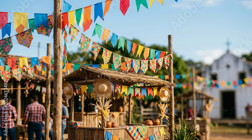 Colorful triangular flags hang above a rustic wooden stall at a Brazilian Festa Junina celebration under a clear blue sky.