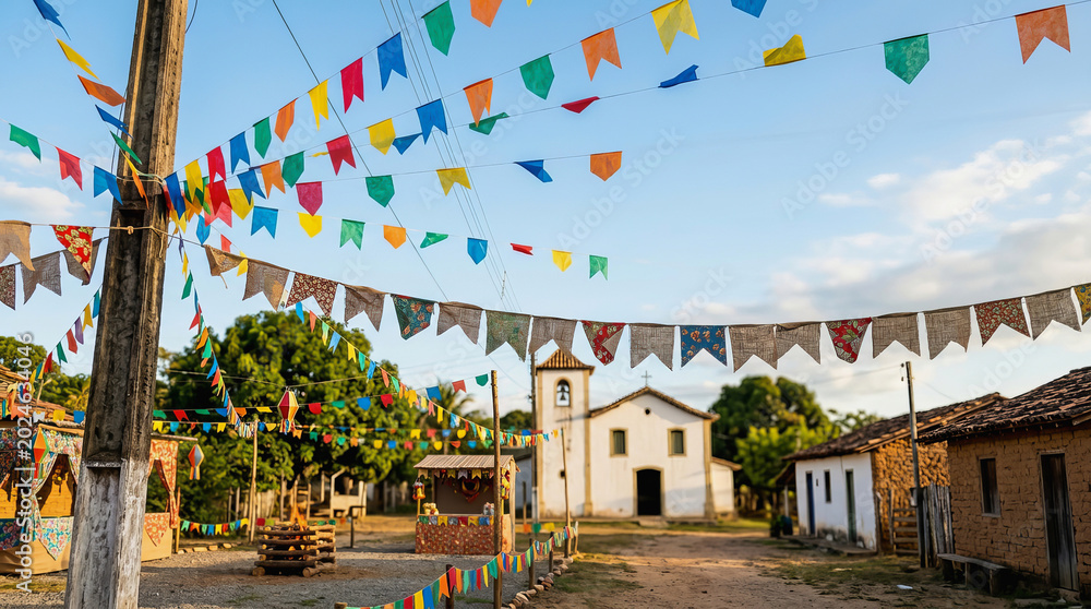 Fototapeta premium Colorful triangular flags hang overhead in a Brazilian village square decorated for the Festa Junina celebration honoring Saint John.