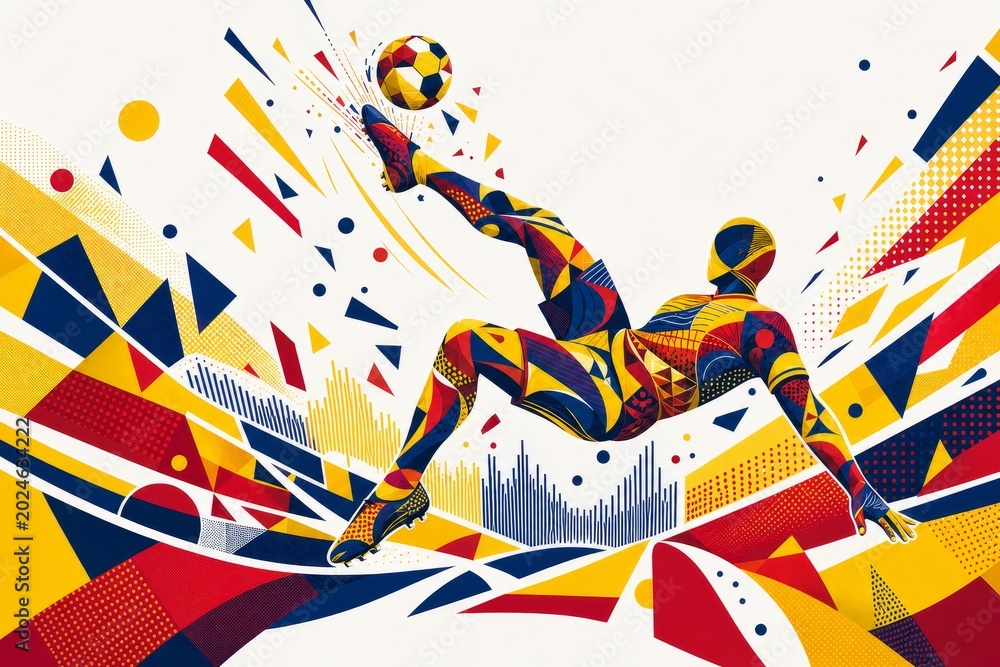 Fototapeta premium Colombia national football team wallpaper, banner, background. Colombia soccer player performing an aerial bicycle kick in a dynamic geometric poster design.