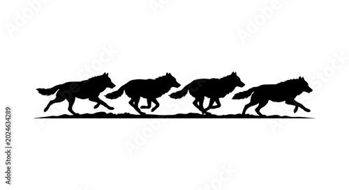 Quadro em tela Silhouette of Four Running Wolves, Pack Animal Symbolism, Wild Canine Vector Art
