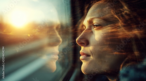 A woman gazes thoughtfully through a window as sunlight streams in, her reflection blurred in the glass