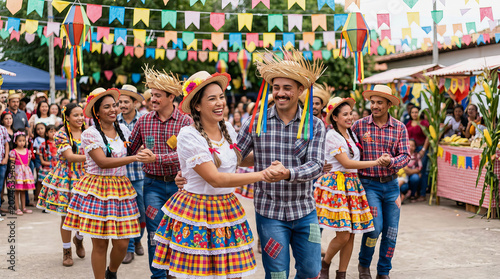 Happy Brazilian couples in traditional Festa Junina costumes dancing outdoors under colorful flags and decorations celebrating Sao Joao festival