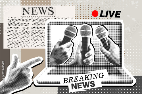 Photos Breaking news concept with reporter hands holding microphones on screen laptop isolated vintage halftone dotted effect retro collage cut-out element for current event urgent update live announcement
