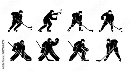 Photography Ice Hockey Player Silhouettes, Action Poses Vector Set: Goalie, Skater, Puck Han