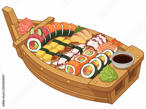 A beautifully arranged sushi platter on a wooden boat, showcasing a variety of sushi types, and emphasizing the art of culinary presentation and tradition in Japanese cuisine.