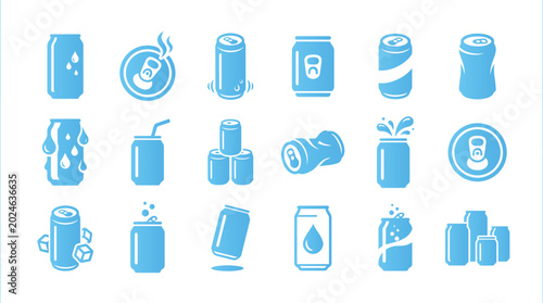 Foto Blue cans with drinks and effects on white background beverage icons collection