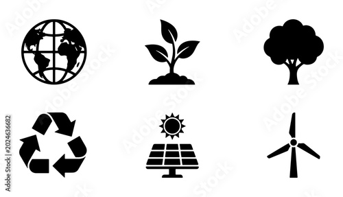 Photos Eco-friendly Icons: Earth, Plant, Tree, Recycle, Solar Panel, Wind Turbine, Gree