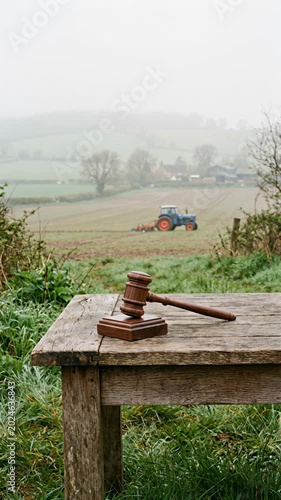 Judge gavel on rustic wooden table overlooking farmland with tractor working in the background. Concept of agricultural law, land ownership, rural property auction, farming regulations and legal issue