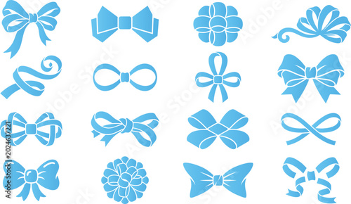 Fotografija Set of blue gift bows and ribbon knots for celebratory gift boxes and festive decoration