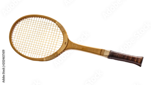 Bilde på lerret Isolated vintage wooden tennis racket with classic design and aged brown leather