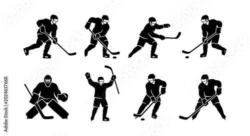 Canvas Print Ice Hockey Player Silhouettes, Action Poses, Goalie, Puck Control, Sports Icons,