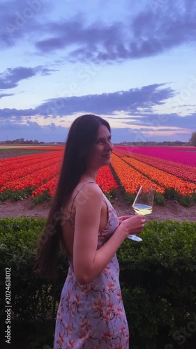 Woman with glass of white wine enjoying colorful tulip fields in the Netherlands at sunset with nostalgic vintage film mood