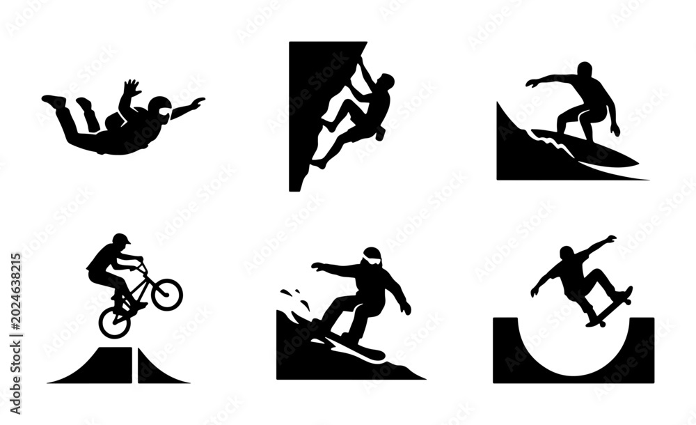 Obraz premium Extreme Sports Silhouettes: Skydiving, Rock Climbing, Surfing, BMX, Snowboarding, Skateboarding Vector Icons