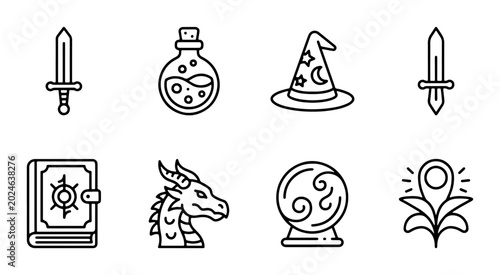 Φωτογραφία Fantasy Icons Set: Magic Sword, Potion, Witch Hat, Spellbook, Dragon, Crystal Ba