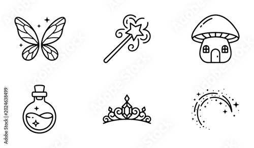 Bild auf Leinwand Magic fairy tale icons set, fantasy line art elements, 6 mystical vector symbols