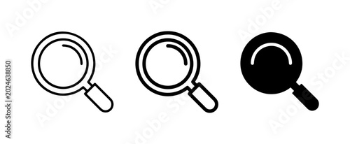 Foto Minimalist magnifying glass icon set, black search loupe vector symbols, 3 linea