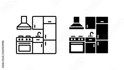 Foto Modern Kitchen Icon Set, Minimalist Cooking Space Vector Graphics, Clean Home In