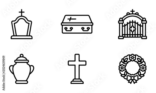 Tableau sur toile Funeral Icons Set: Tombstone, Coffin, Urn, Cross, Cemetery Gate, Wreath Vector G