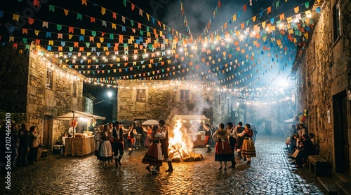 Rua do interior decorada para São João com bandeirinhas coloridas e iluminação noturna