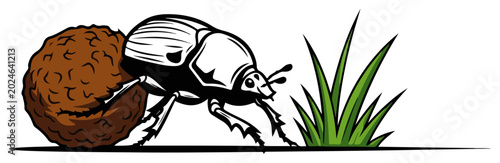 Bild auf Leinwand Dung beetle working to move a large ball of manure in a stylized graphic style