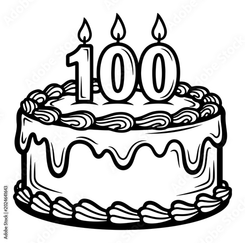 Εκτύπωση καμβά Birthday cake with number 100 candles and cream frosting in clean line art style