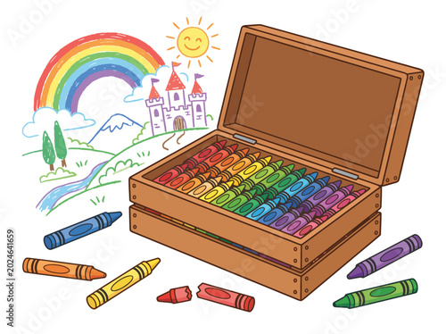 Fotografie A delightful illustration of a wooden crayon box alongside colorful drawings of landscapes, invoking creativity and imagination in art and coloring activities