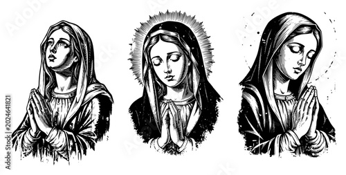 Virgin Mary praying religious portraits set in detailed sketch engraving style
