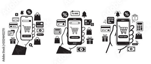 Online Shopping App Interface with Digital Commerce Icons Collection