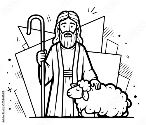 Photos Jesus Christ as good shepherd with lamb and staff in cartoon doodle style