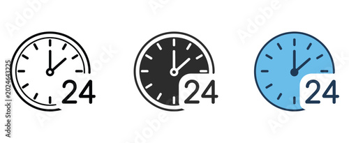 Quadro su tela 24 Hour Clock Icons In Different Colors And Styles, Modern Time Management Symbo